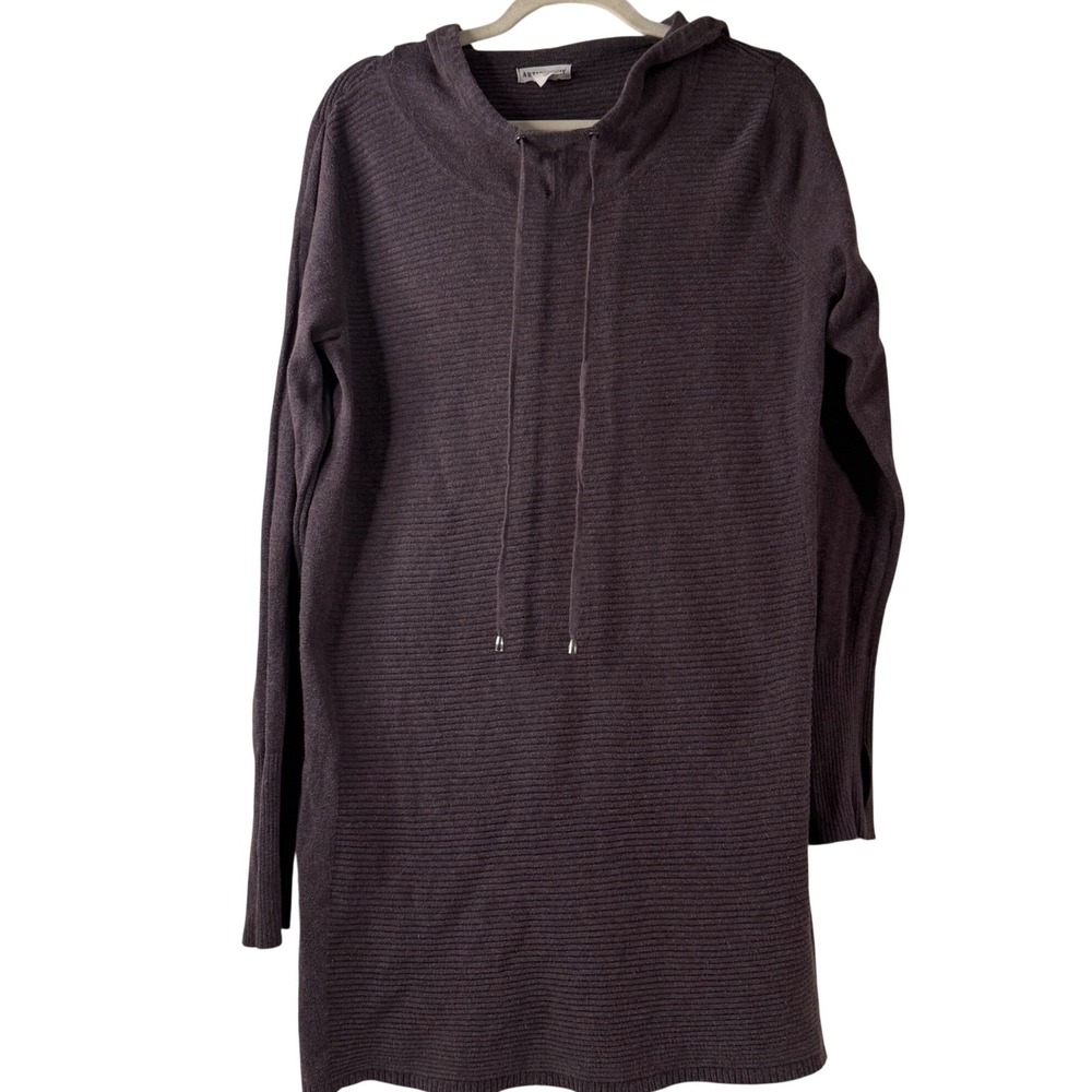 Artisan NY Hooded Tunic Sweater Large Plum Purple Ribbed Knit Thumbhole Cuffs